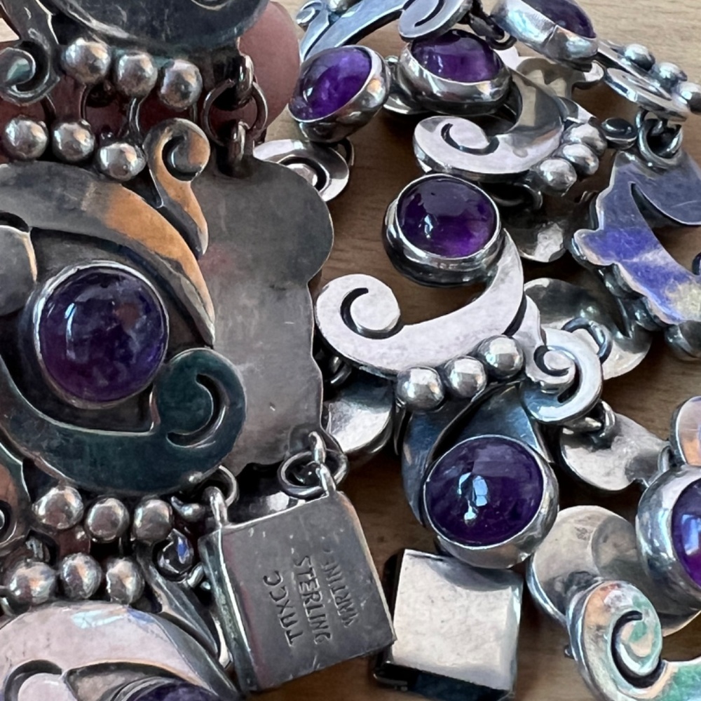 FELIPE MARTINEZ TAXCO 1940'S AMETHYST STERLING NECKLACE AND BRACELET SET MEXICO - Picture 6 of 16